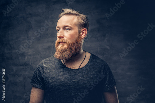 Redhead bearded male over grey background.