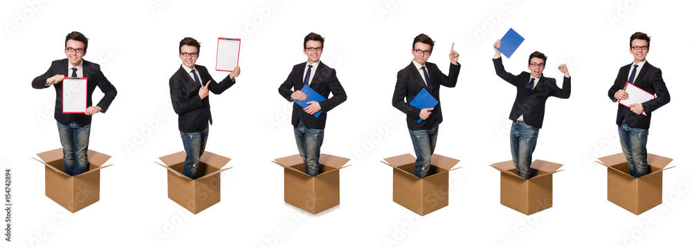 Obraz premium Funny man with boxes isolated on white