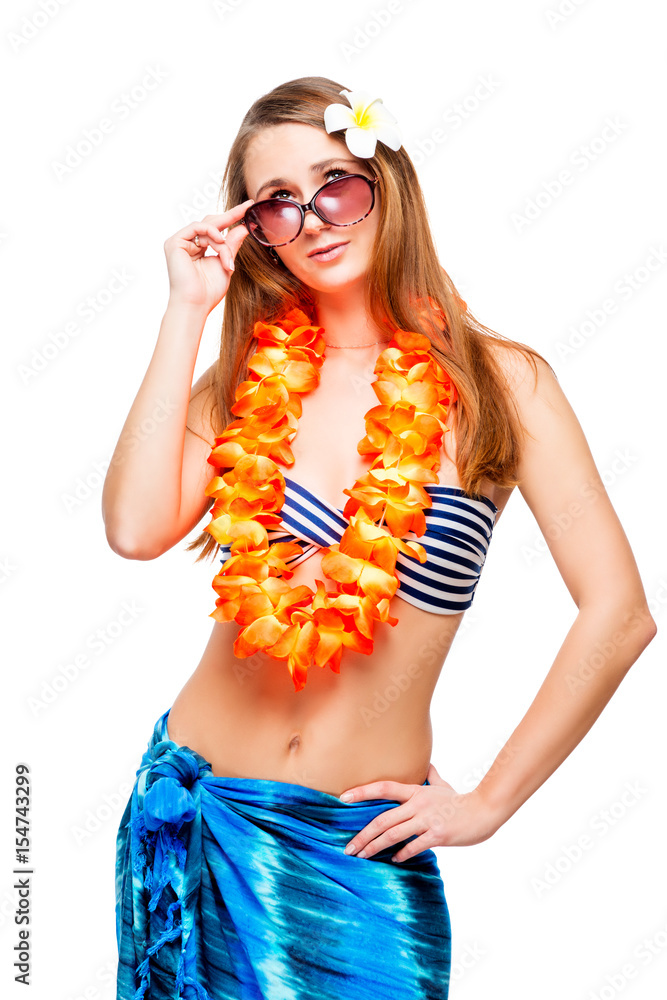 Brunette with sunglasses wearing a neck flower necklace for the Hawaiian party isolated Brunette with sunglasses wearing a neck flower necklace for the Hawaiian party isolated