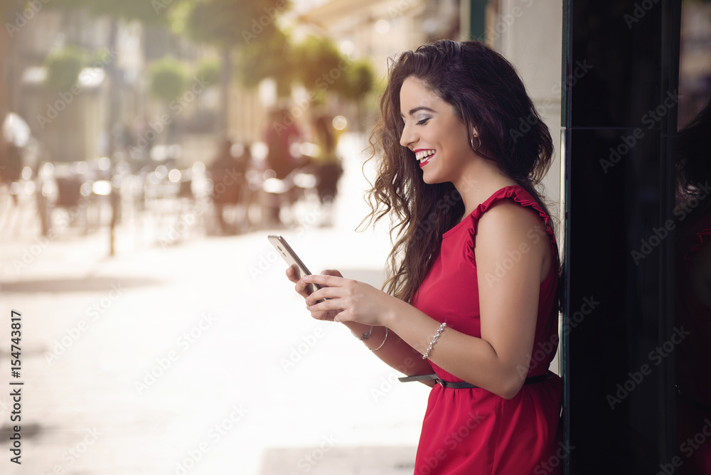 beauty girl with big smile using a smart phone