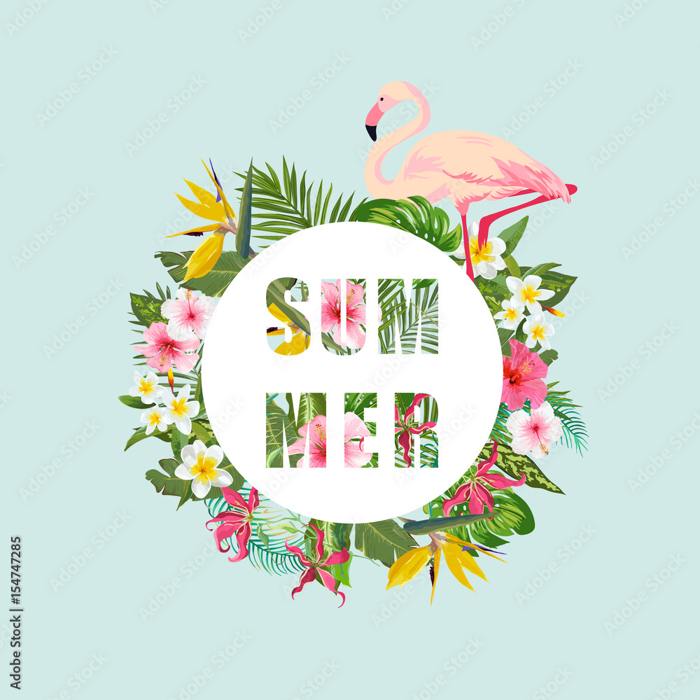 Tropical Flamingo Bird and Flowers Background. Summer Design. Vector. T-shirt Fashion Graphic. Exotic.
