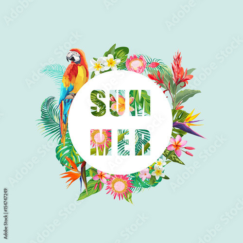 Tropical Flowers and Parrot Bird Background. Summer Design. Vector. T-shirt Fashion Graphic. Exotic. photo