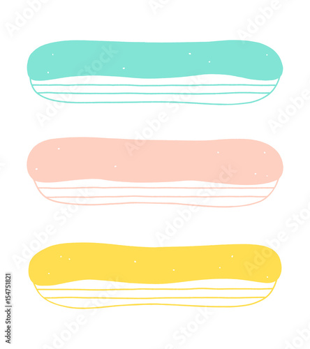 Cartoon eclair set. Dessert vector illustration. Mint, lemon and strawberry cakes