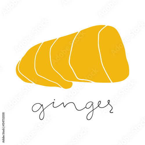 Cartoon ginger with handwritten text. Spice vector element for kitchen 