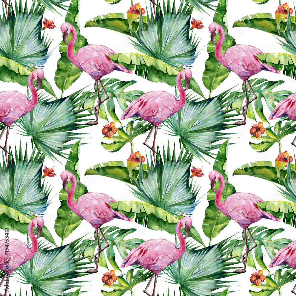Naklejka premium Seamless watercolor illustration of tropical leaves, dense jungle and pink flamingo birds. Pattern with tropic summertime motif may be used as background texture, wrapping paper, textile,wallpaper.