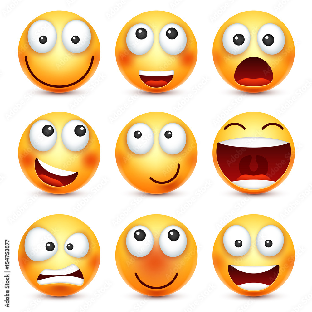 Smiley set,smiling emoticon. Yellow face with emotions. Facial expression. 3d realistic emoji. Funny cartoon character.Mood. Web icon. Vector illustration. Smiley set,smiling emoticon. Yellow face with emotions. Facial expression. 3d realistic emoji. Funny cartoon character.Mood. Web icon. Vector illustration.