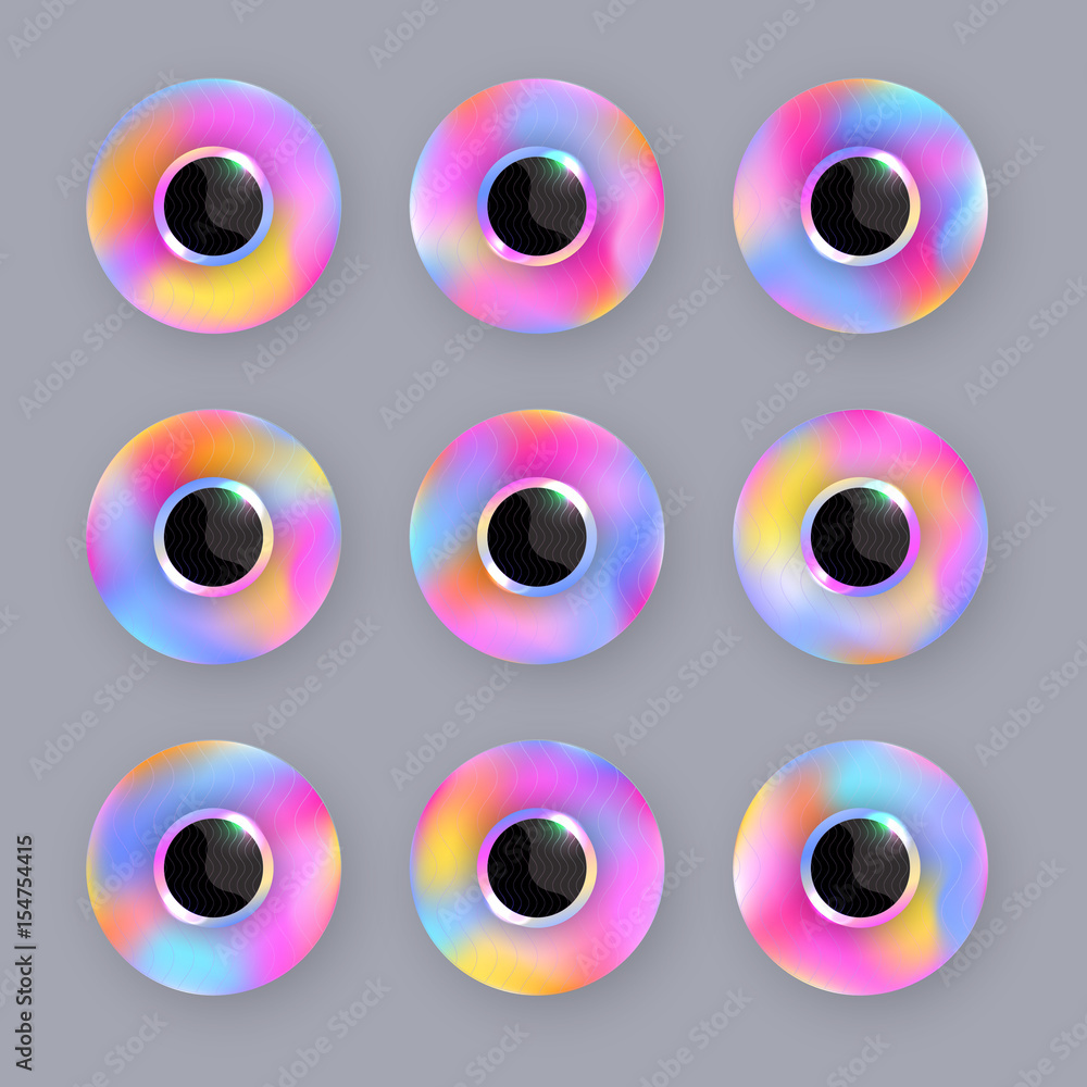 Round iridescent buttons with blur effect and glare of light. Trendy rainbow design. Set, collection. Elements for design with a place for numbers or signs. Vector EPS10. Round iridescent buttons with blur effect and glare of light. Trendy rainbow design. Set, collection. Elements for design with a place for numbers or signs. Vector EPS10.