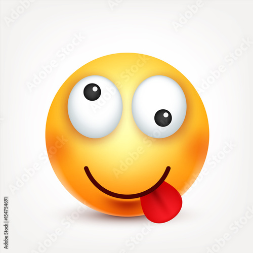 Smiley with tongue,smiling emoticon. Yellow face with emotions. Facial expression. 3d realistic emoji. Funny cartoon character.Mood. Web icon. Vector illustration.