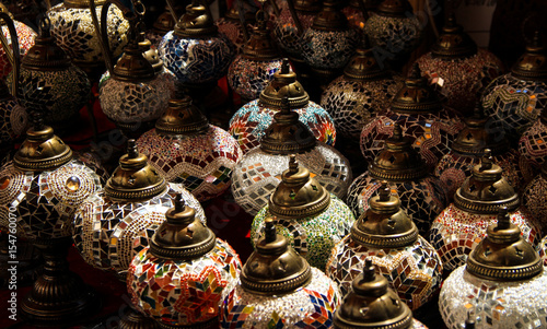 Vintage colorful Turkish lamps on street.