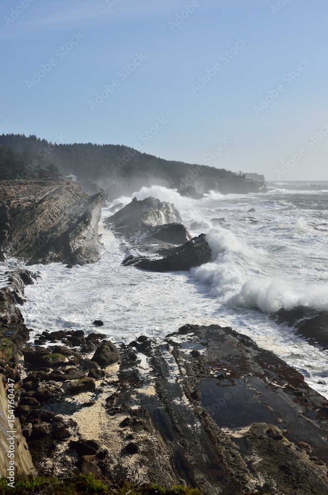 Obraz premium Giant Storm Waves Breaking Against Rocky Cliffs In Shore Acres State Park, Oregon