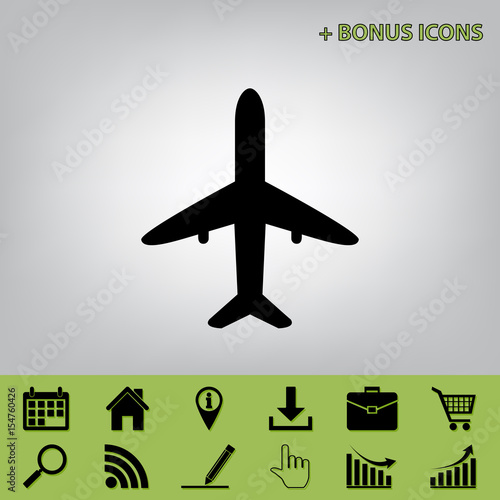 Airplane sign illustration. Vector. Black icon at gray background with bonus icons at celery ones