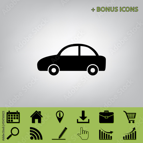 Car sign illustration. Vector. Black icon at gray background with bonus icons at celery ones