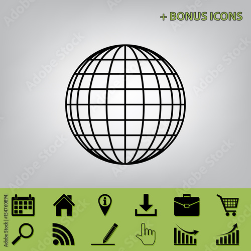 Earth Globe sign. Vector. Black icon at gray background with bonus icons at celery ones
