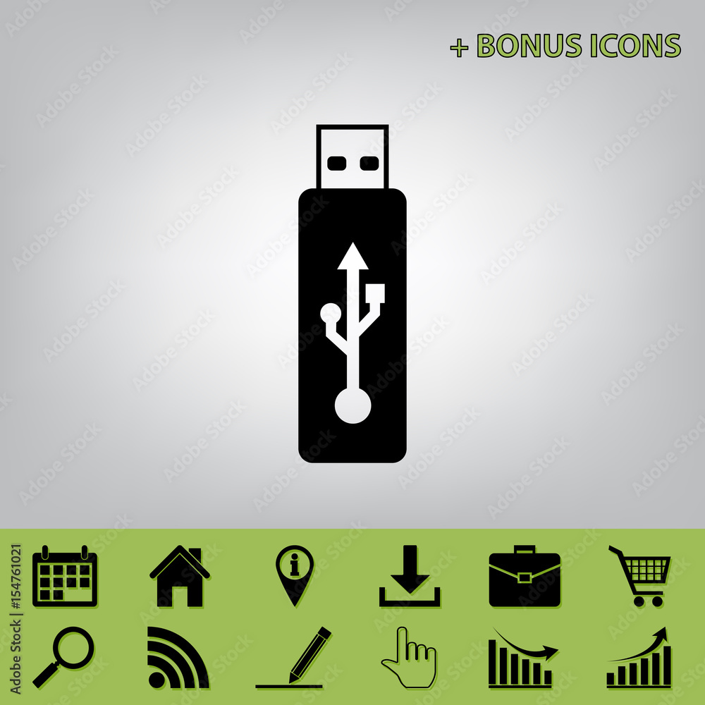 Obraz premium Vector USB flash drive sign. Vector. Black icon at gray background with bonus icons at celery ones