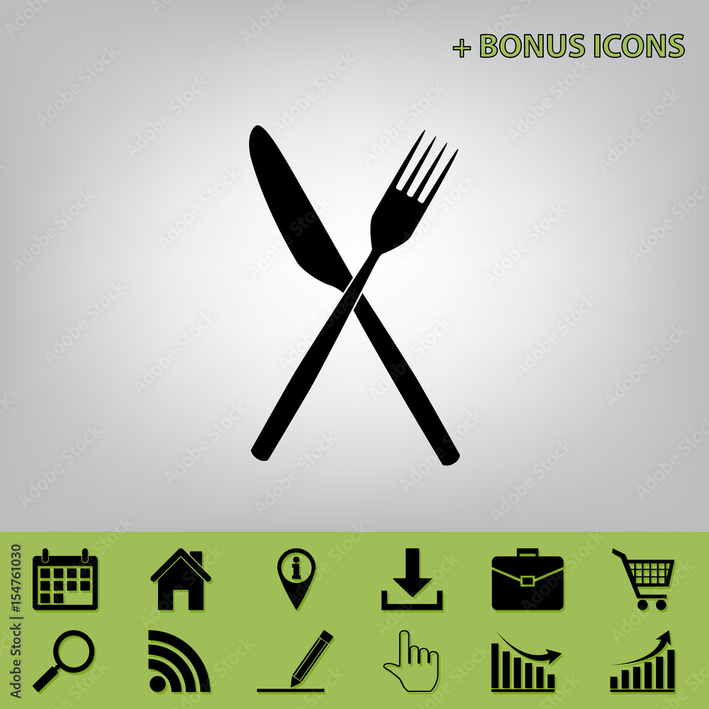 Fork and Knife sign. Vector. Black icon at gray background with bonus icons at celery ones Fork and Knife sign. Vector. Black icon at gray background with bonus icons at celery ones