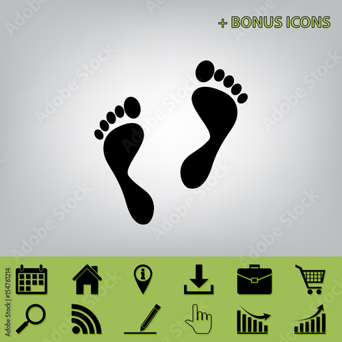 Foot prints sign. Vector. Black icon at gray background with bonus icons at celery ones