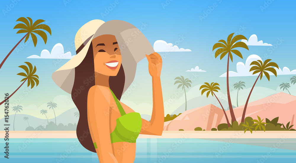 Woman Over Tropical Beach, Smiling Girl Wear Hat On Summer Sea Vacation Flat Vector Illustration