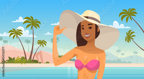 Woman Over Tropical Beach, Smiling Girl Wear Hat On Summer Sea Vacation Flat Vector Illustration