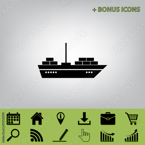 Ship sign illustration. Vector. Black icon at gray background with bonus icons at celery ones