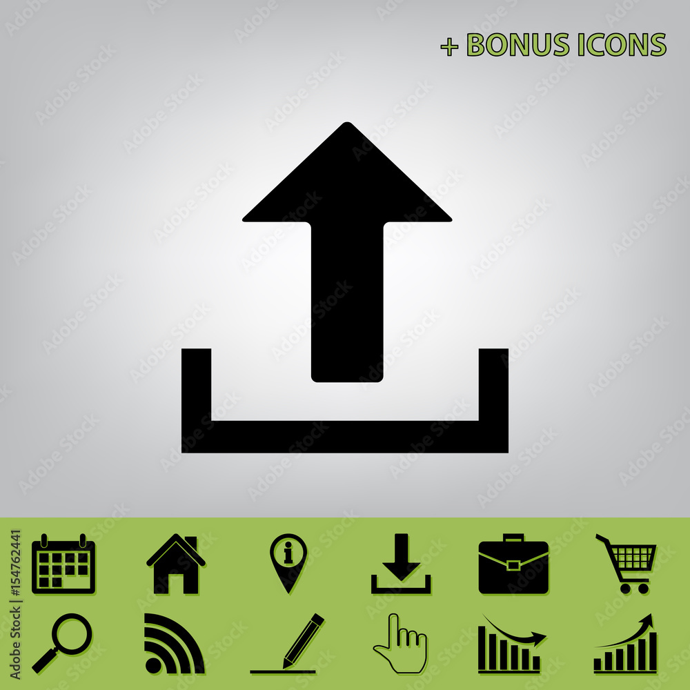 Upload sign illustration. Vector. Black icon at gray background with bonus icons at celery ones Upload sign illustration. Vector. Black icon at gray background with bonus icons at celery ones