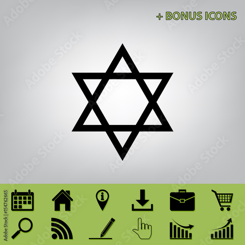 Shield Magen David Star. Symbol of Israel. Vector. Black icon at gray background with bonus icons at celery ones