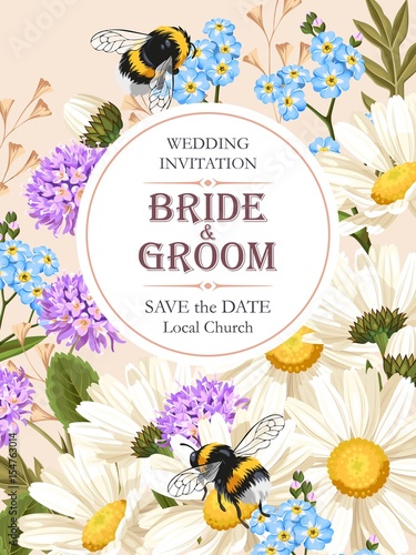 Wedding invitation with meadow flowers