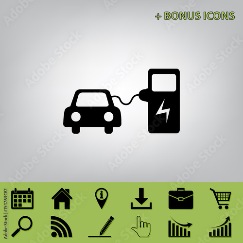 Electric car battery charging sign. Vector. Black icon at gray background with bonus icons at celery ones