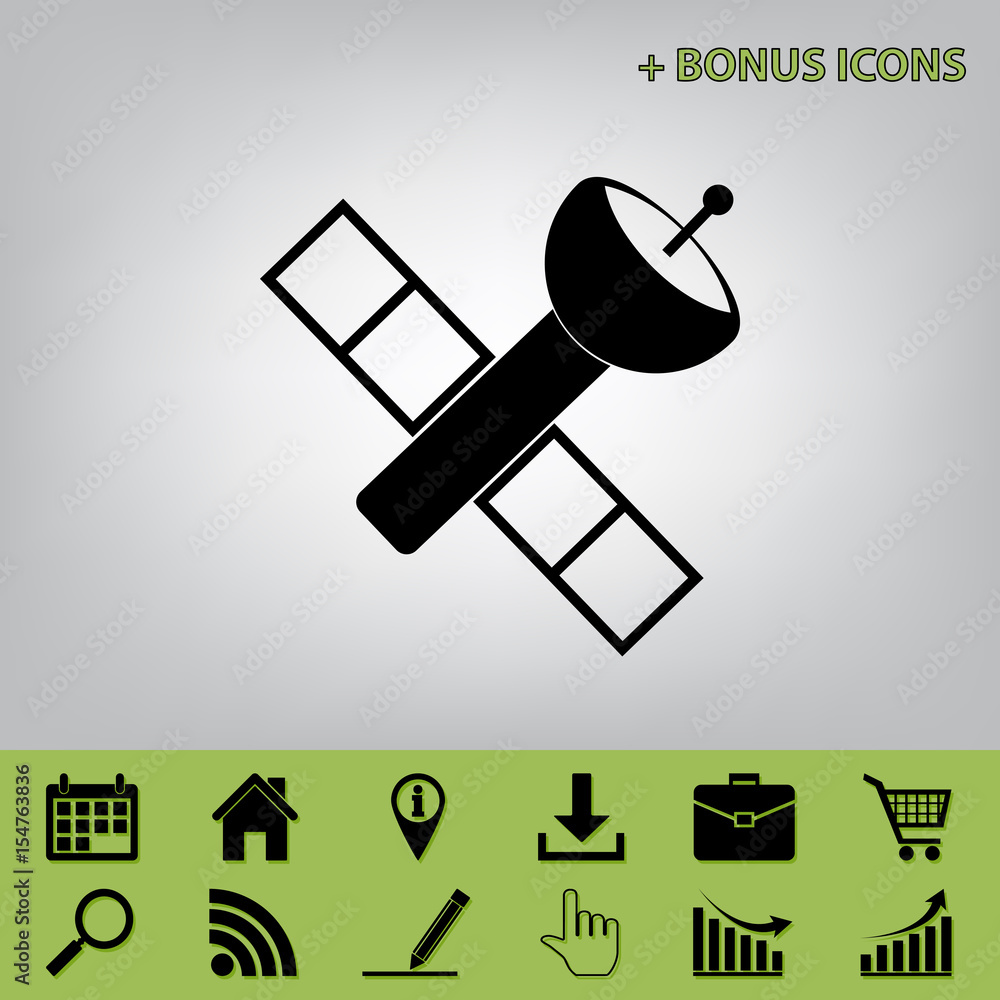 Satellite sign illustration. Vector. Black icon at gray background with bonus icons at celery ones Satellite sign illustration. Vector. Black icon at gray background with bonus icons at celery ones