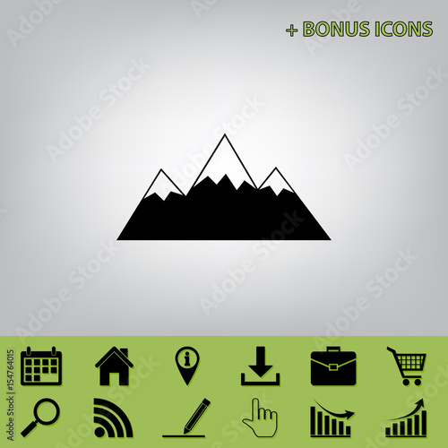 Mountain sign illustration. Vector. Black icon at gray background with bonus icons at celery ones