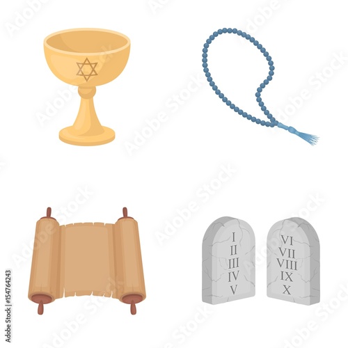 A cup of wine, Islamic beads, ten commandments, tanakh. Religion set collection icons in cartoon style vector symbol stock illustration web.