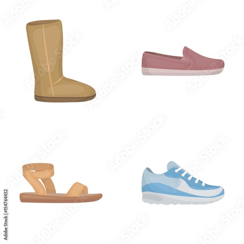 Beige ugg boots with fur, brown loafers with a white sole, sandals with a fastener, white and blue sneakers. Shoes set collection icons in cartoon style vector symbol stock illustration web.