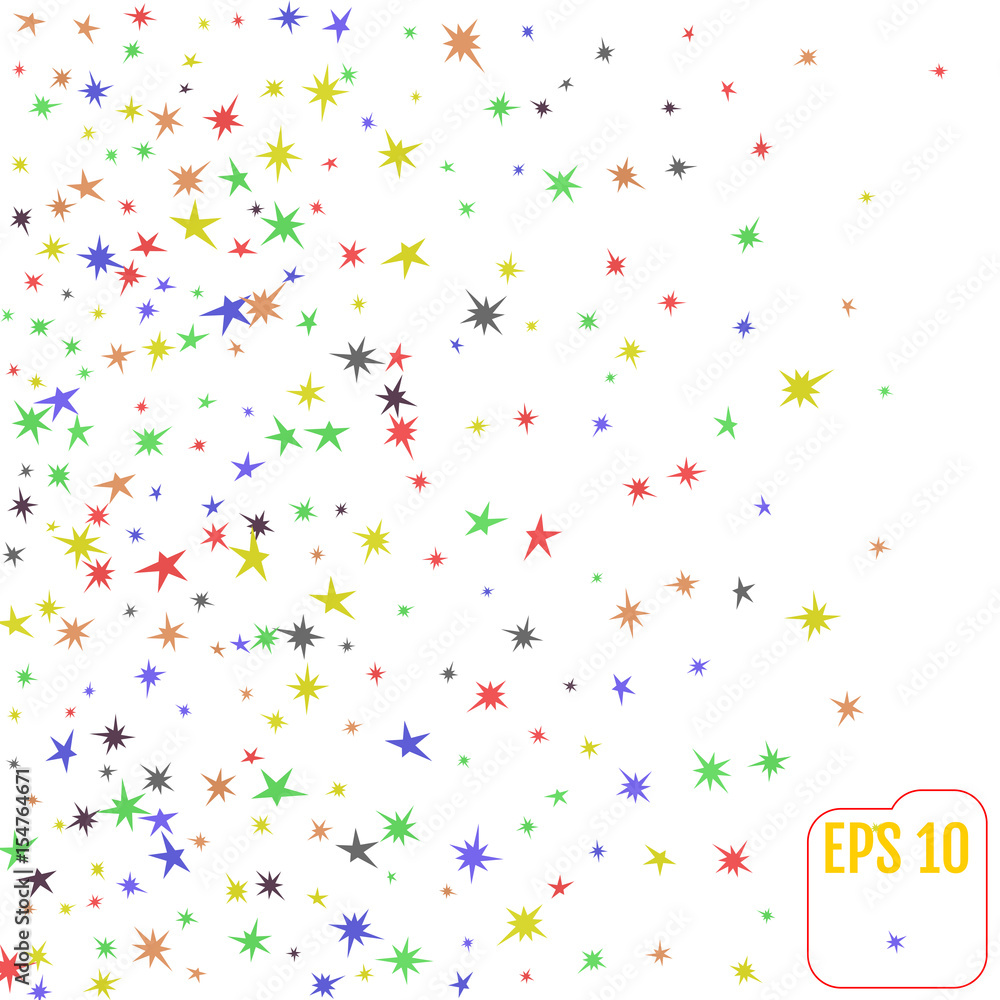 Many Falling Colorful Tiny Confetti And Stars Isolated On White Background. Vector. Multi colored