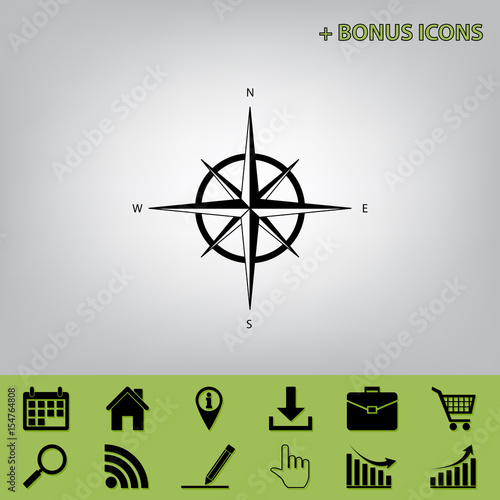 Wind rose sign. Vector. Black icon at gray background with bonus icons at celery ones