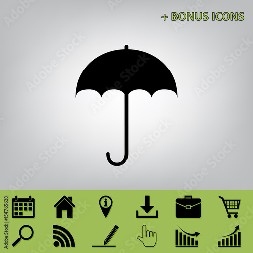 Umbrella sign icon. Rain protection symbol. Flat design style. Vector. Black icon at gray background with bonus icons at celery ones