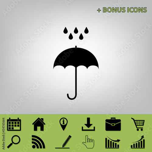 Umbrella with water drops. Rain protection symbol. Flat design style. Vector. Black icon at gray background with bonus icons at celery ones