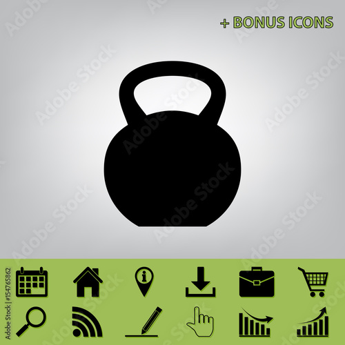 Fitness Dumbbell sign. Vector. Black icon at gray background with bonus icons at celery ones