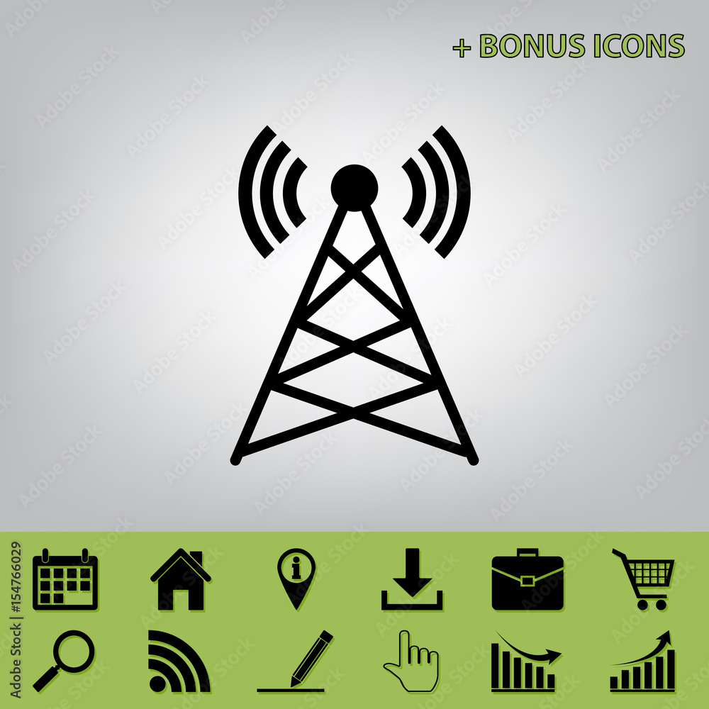 Antenna sign illustration. Vector. Black icon at gray background with bonus icons at celery ones Antenna sign illustration. Vector. Black icon at gray background with bonus icons at celery ones