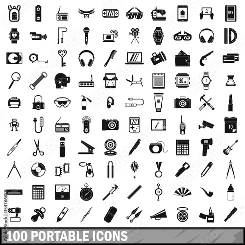 100 portable icons set, simple style 
