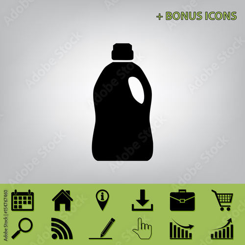 Plastic bottle for cleaning. Vector. Black icon at gray background with bonus icons at celery ones