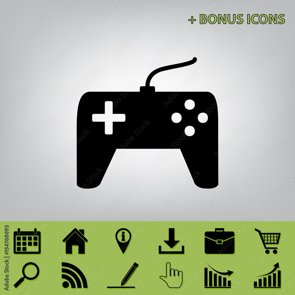 Joystick simple sign. Vector. Black icon at gray background with bonus icons at celery ones Joystick simple sign. Vector. Black icon at gray background with bonus icons at celery ones