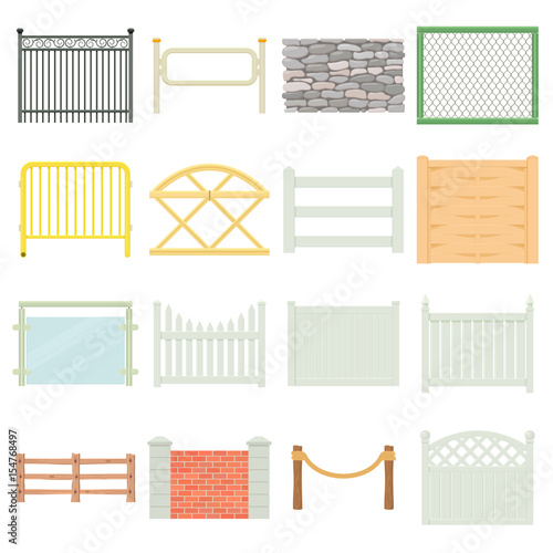 Different fencing icons set, cartoon style
