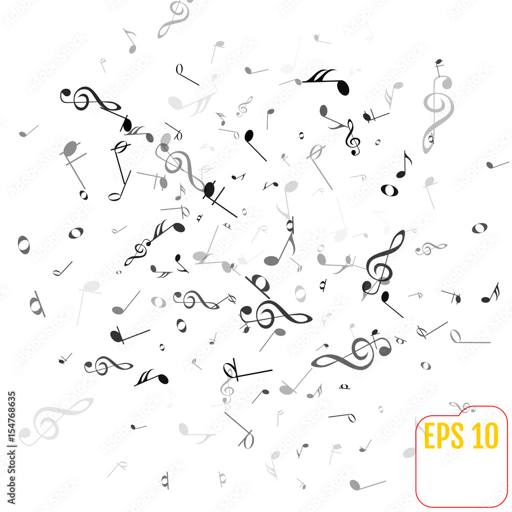 Vector Falling Notes Background. Frame of Treble Clefs, Bass Clefs and Musical Notes. Black Musical Symbols of Different Size on White Background