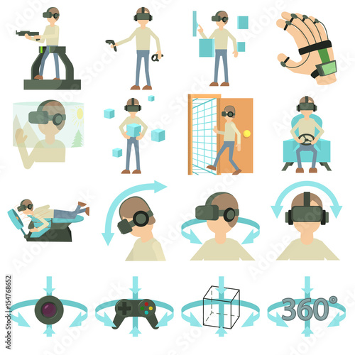Virtual reality icons set, cartoon style