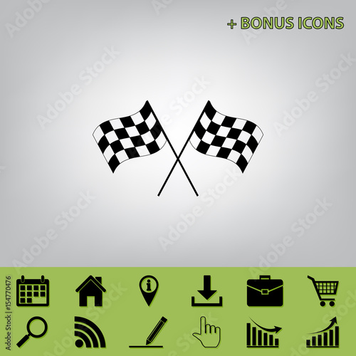Crossed checkered flags logo waving in the wind conceptual of motor sport. Vector. Black icon at gray background with bonus icons at celery ones