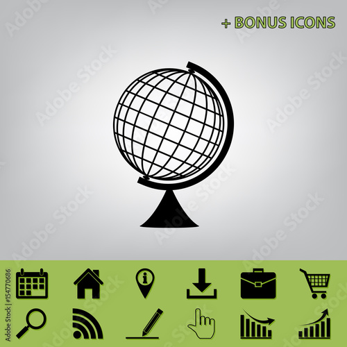 Earth Globe sign. Vector. Black icon at gray background with bonus icons at celery ones