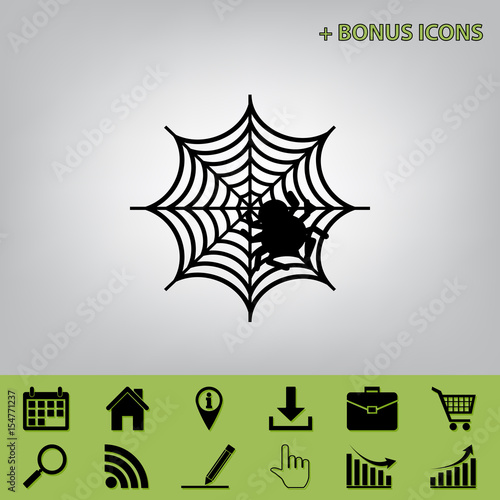 Spider on web illustration. Vector. Black icon at gray background with bonus icons at celery ones