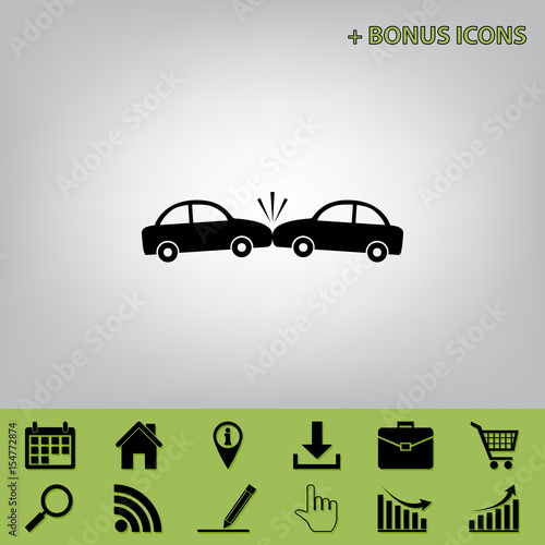 Crashed Cars sign. Vector. Black icon at gray background with bonus icons at celery ones