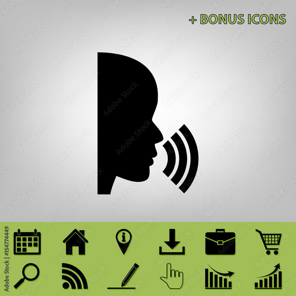 People speaking or singing sign. Vector. Black icon at gray background with bonus icons at celery ones People speaking or singing sign. Vector. Black icon at gray background with bonus icons at celery ones