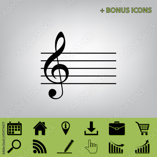 Music violin clef sign. G-clef. Vector. Black icon at gray background with bonus icons at celery ones