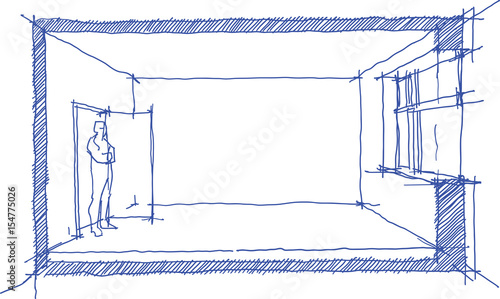 hand drawn sketch of a single empty room with window and door and man standing at the door